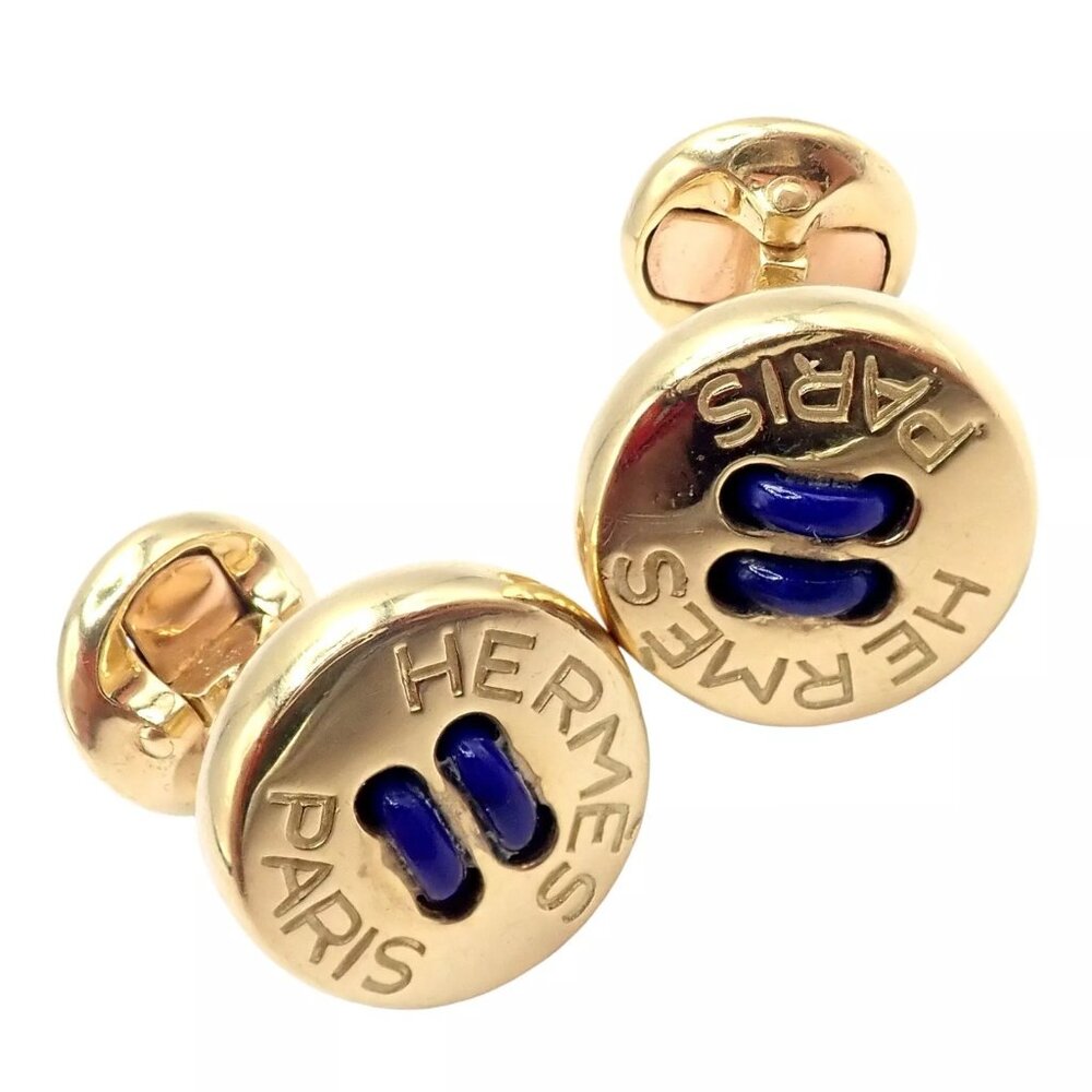 Rare! Vintage Authentic Hermes Paris 18k Yellow Gold Mens Lapis Button Cufflinks - Picture 3 of 11